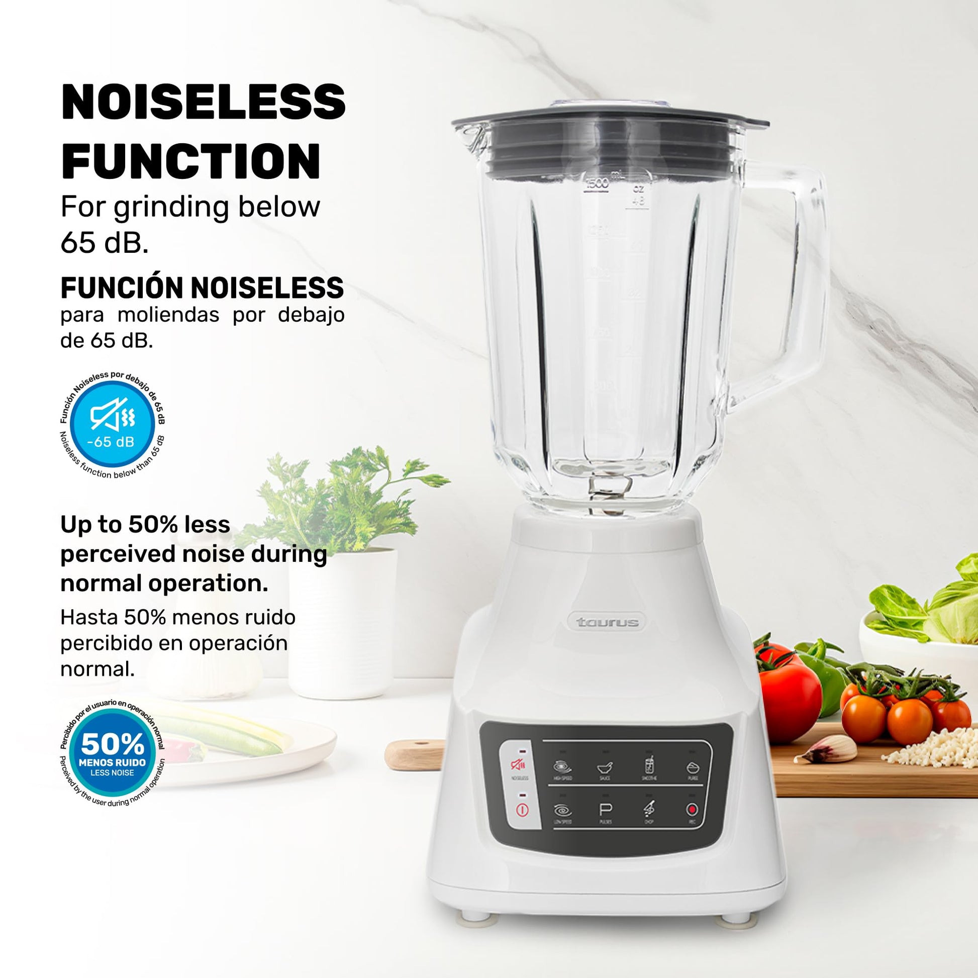 Licuadora Taurus Potenza Comfort Vidrio 1.5L 1050 Watts con 50% Menos Ruido y 9 Funciones