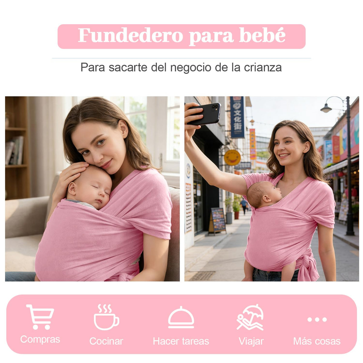 Niños Portador, 1 Pieza ajustable Niños Portador, Fular Elástico para Bebé y Recién Nacido Ergonómico, Hasta 10Kg (Rosa)