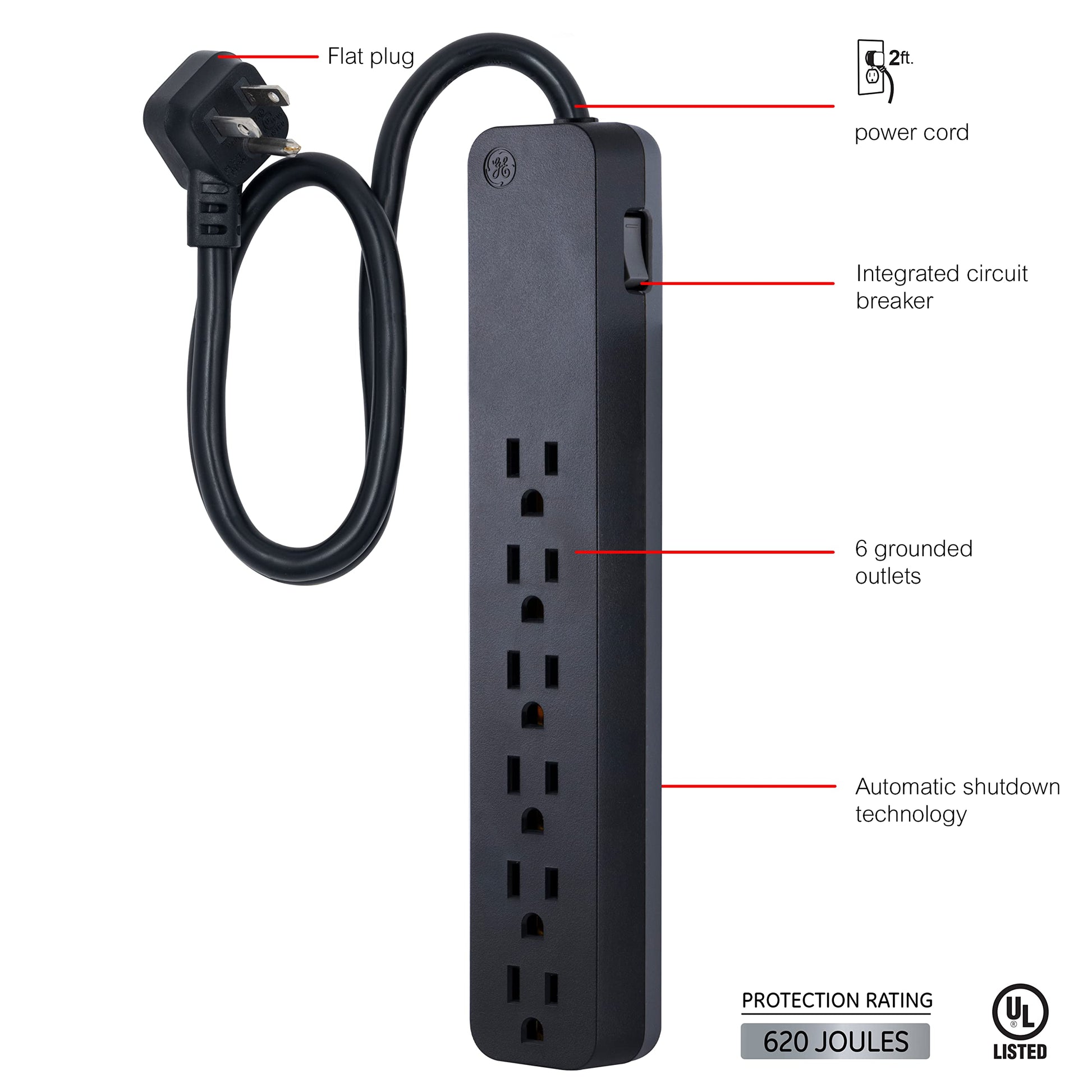 GE Pro 6 Outlet Surge Protector, 2 ft Long Extension Cord, Power Strip, Flat Plug, Wall Mount, Black, 45170