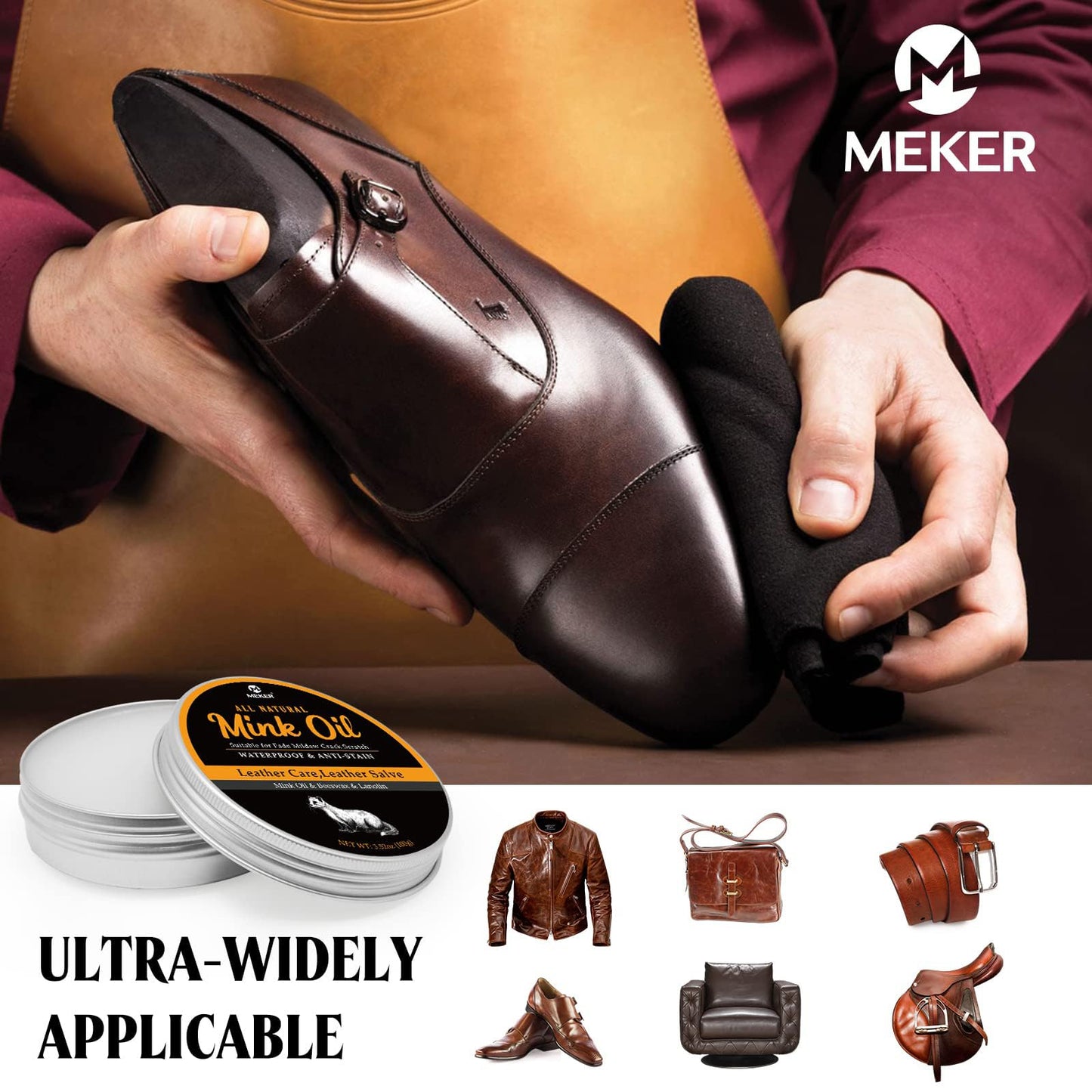 MEKER Aceite de visón para botas de piel, acondicionador de piel y limpiador de 3.5 onzas, totalmente natural, impermeable, suavizan y restauran los zapatos, Blanco, 100g