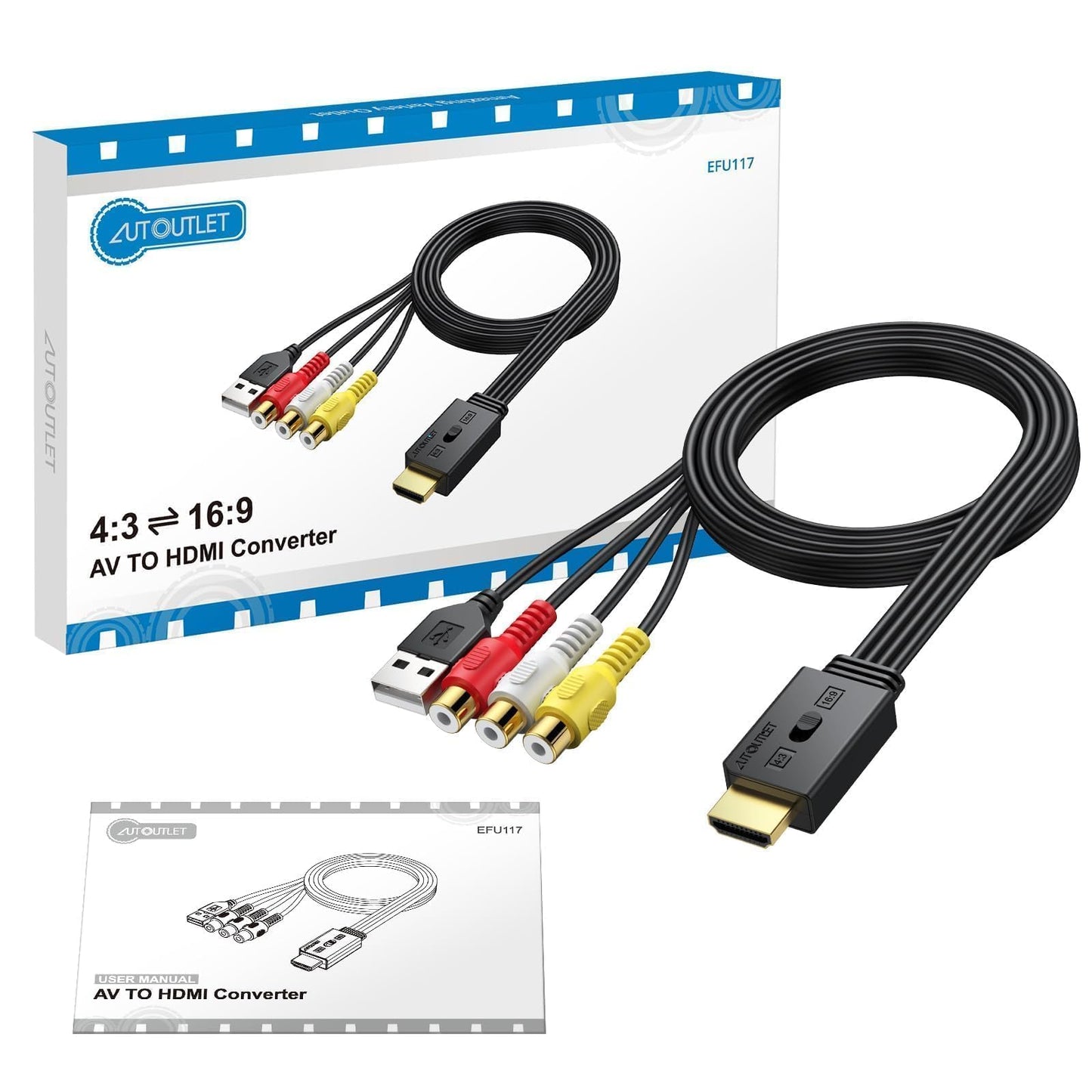 AUTOUTLET Convertidor RCA a HDMI, adaptador AV a HDMI 1080P compatible con conversión 16:9/4:3 y PAL/NTSC, adaptador de audio de vídeo RCA con cable RCA hembra de 60 cm para Wii, PS1/PS2, Xbox, N64