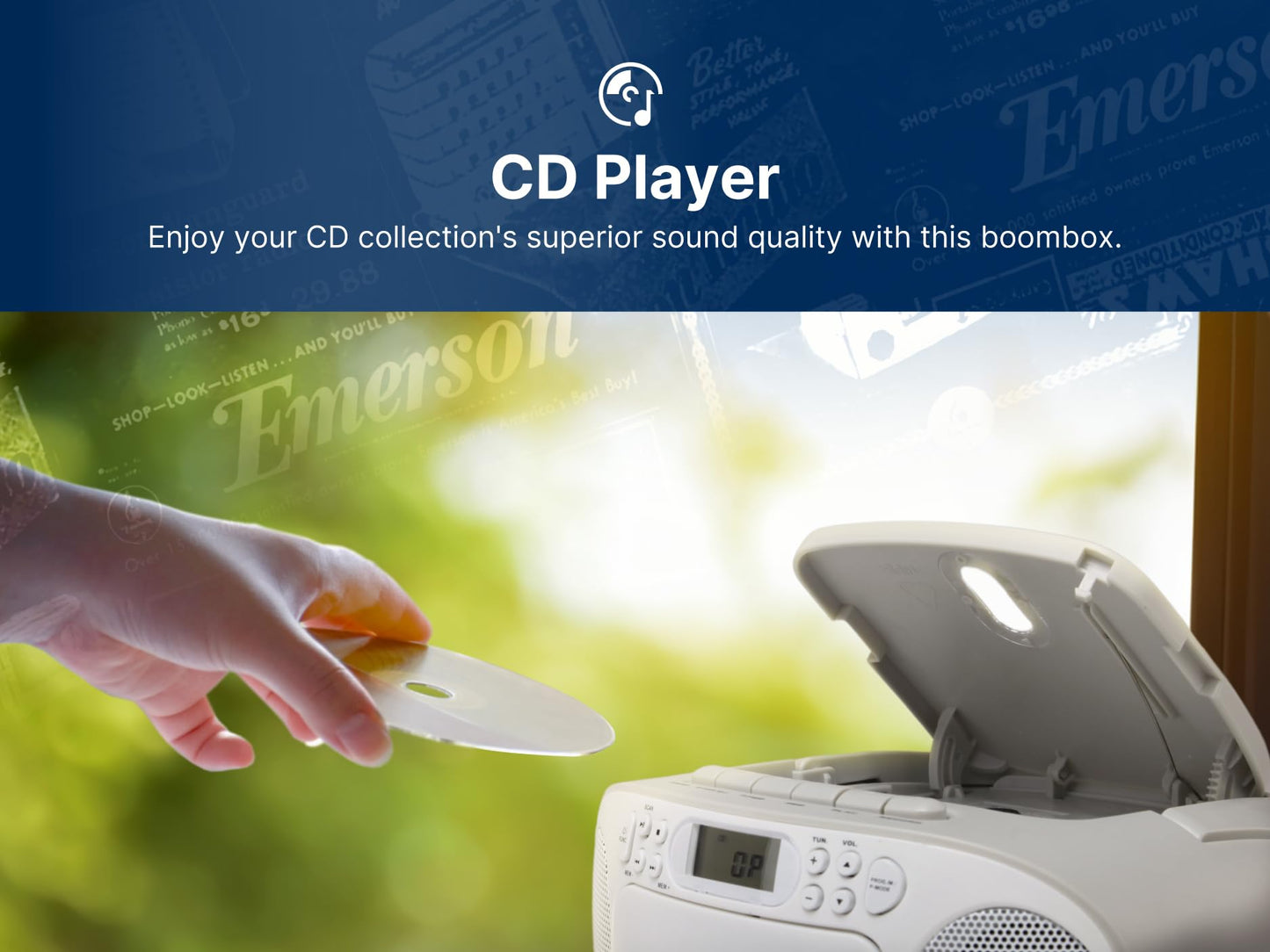 Reproductor de CD Emerson Negro con Cassette y Radio Am/FM Sistema Estéreo Portátil