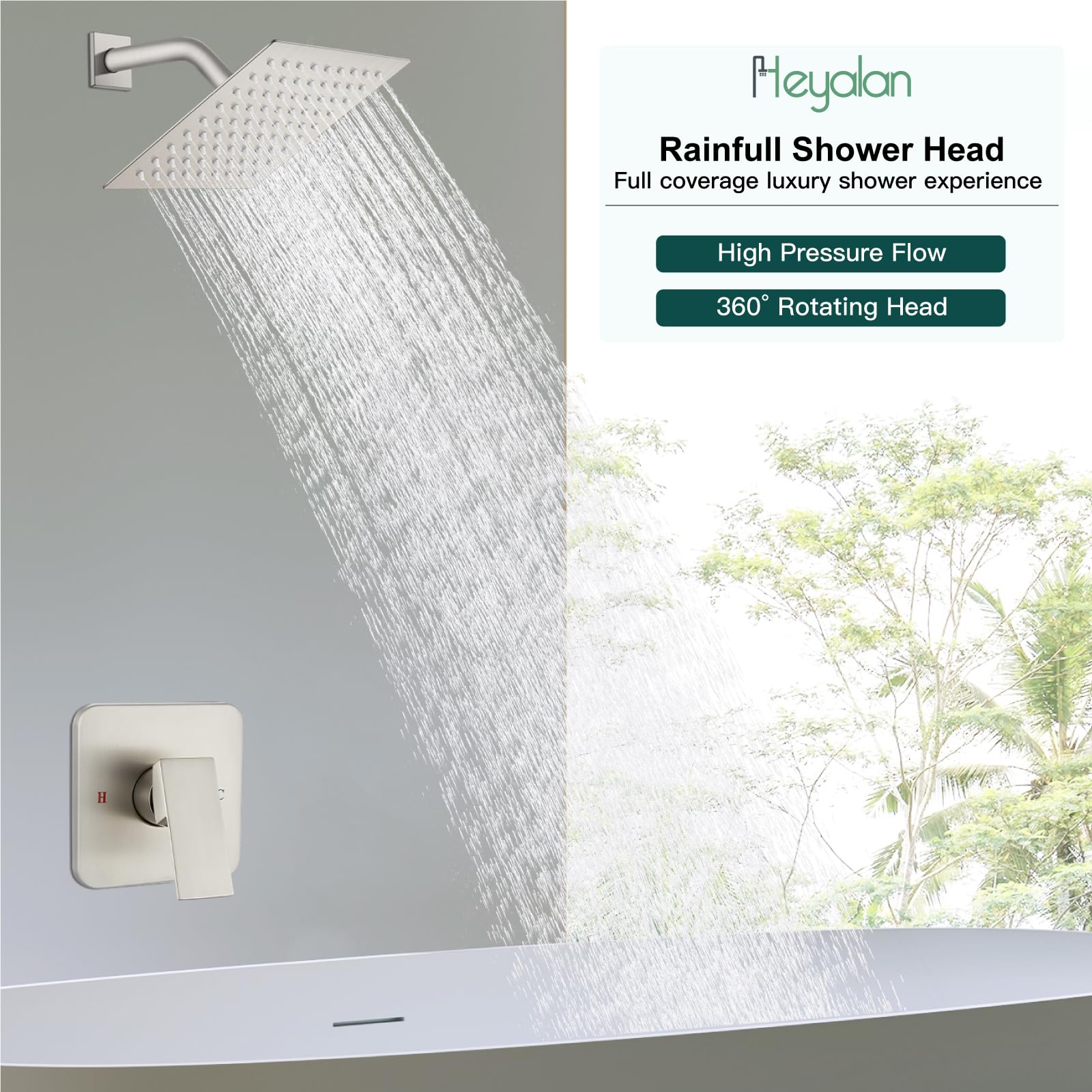Heyalan Juego de cabezal de ducha y asa, juego de llave de ducha cuadrado para baño, sistema de ducha de lluvia de acero inoxidable, kit de molduras de ducha de una función, válvula de rosca hembra,
