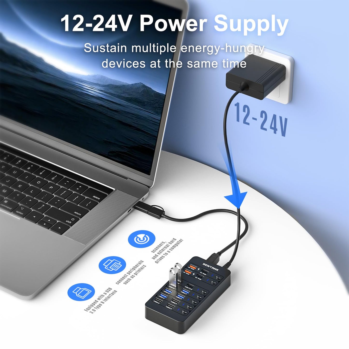 Hub USB SENTANK Negro con 14 Puertos y Carga Rápida