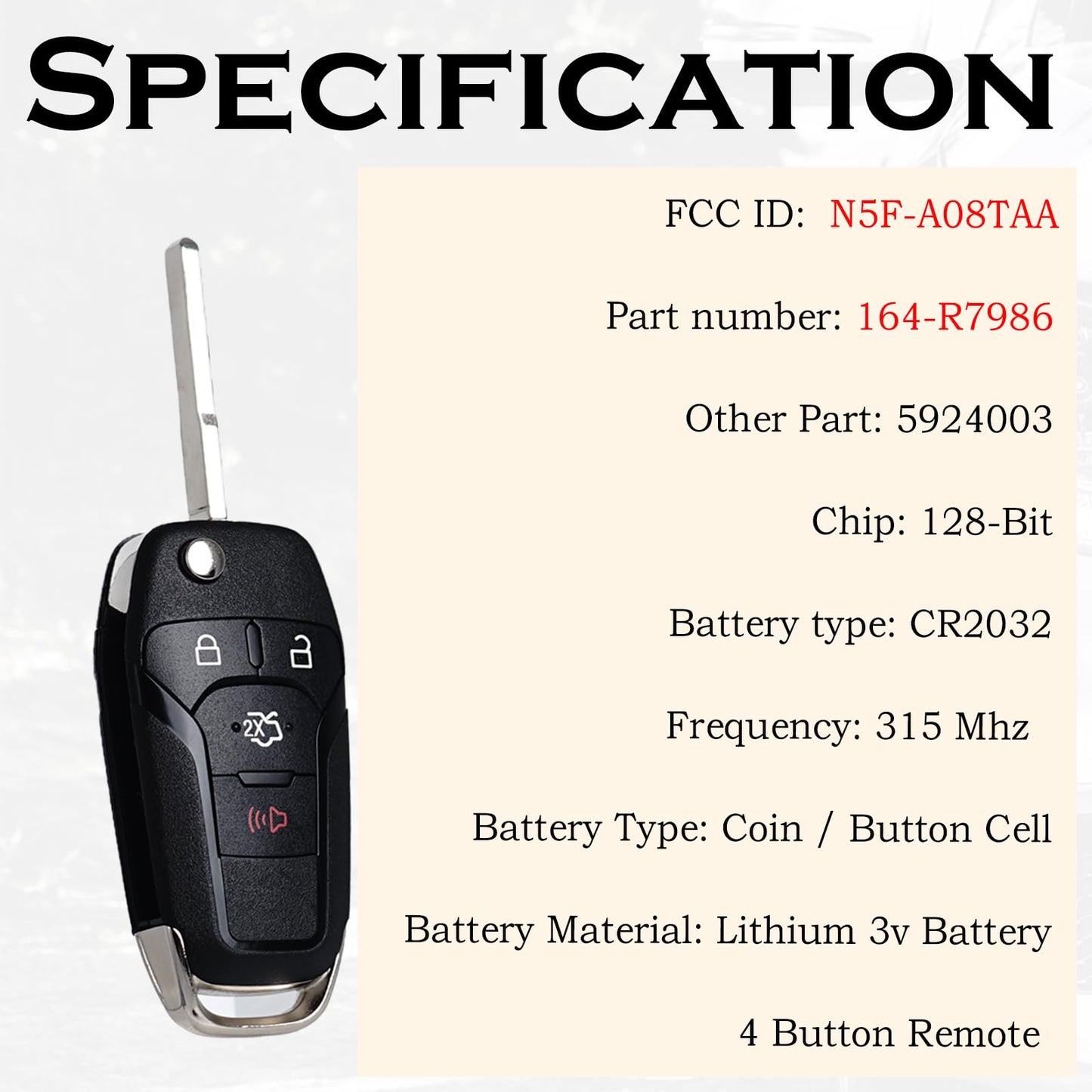 SUPALAND - Llavero de repuesto para Ford Fusion 2013, 2014, 2015, 2016, control remoto de entrada sin llave, N5F-A08TAA 164-R7986, 5924003, 315Mhz, 4 botones, BTN