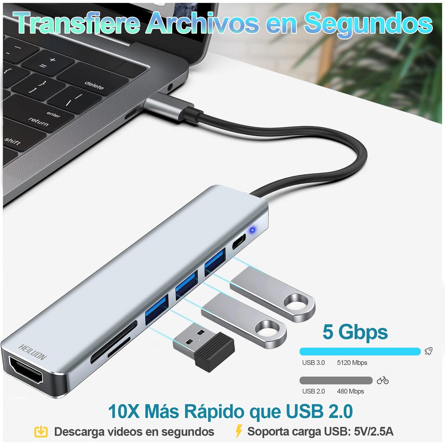 HeiLuon Adaptador Hub USB C 7 en 1 con HDMI 4K, 3 Puertos USB 3.0, Lector de Tarjetas SD, Carga PD 100W, Hub USB C para Laptop, PC Adaptador USB C a hdmi, HDMI a USB C, Tipo C a Hdmi