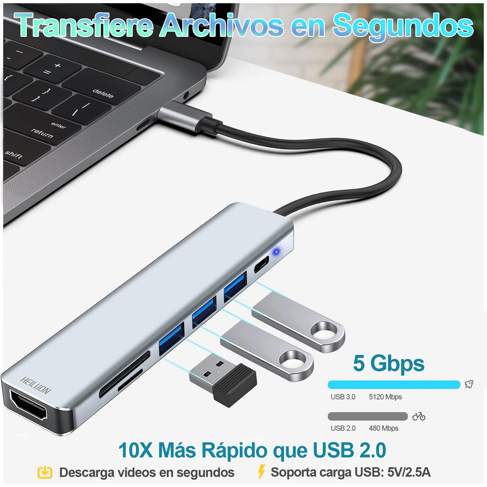 HeiLuon Adaptador Hub USB C 7 en 1 con HDMI 4K, 3 Puertos USB 3.0, Lector de Tarjetas SD, Carga PD 100W, Hub USB C para Laptop, PC Adaptador USB C a hdmi, HDMI a USB C, Tipo C a Hdmi
