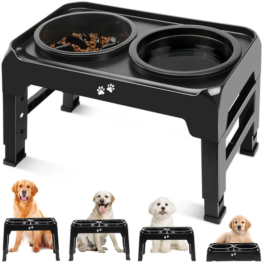 COMESOON SELPONT Bowls Slow Feeder with No Spill Dog Water Bowl 4 Height Adjustable Raised Dog Bowl Stand for Food and Water, Non-Slip Dog Feeder for Medium Large Dogs, Black