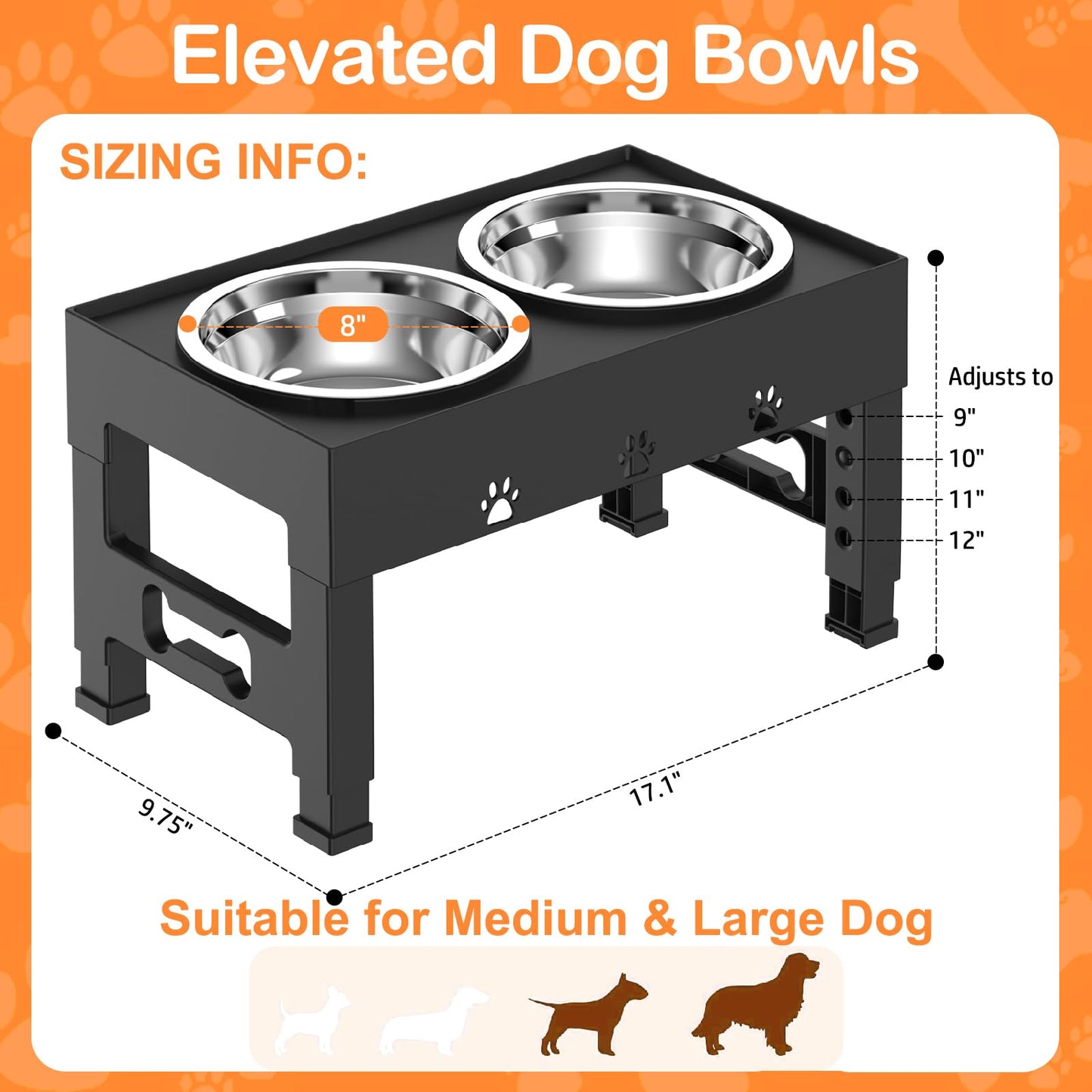 LAKIPETN Cuencos elevados para perros, 5 cuencos elevados de altura ajustable con 2 cuencos de acero inoxidable para comida para perros, antideslizante, sin derrames, se ajusta a 3.1 pulgadas, 9 pulgadas, 10 pulgadas, 11 pulgadas, 12 pulgadas para perros