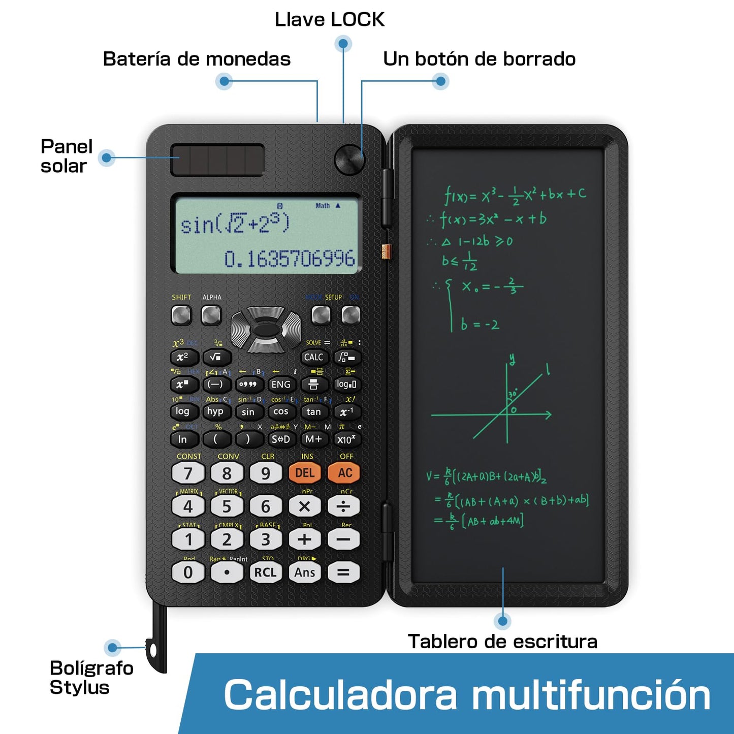 Calculadora Científica ROATEE Multivista 4 Líneas con Tablet de Escritura LCD Borrable Energía Solar para Escuelas y Empresas