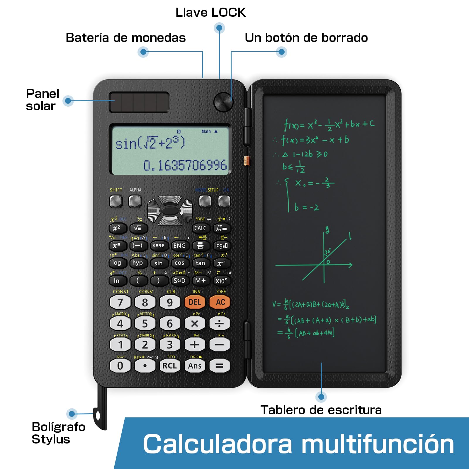 Calculadora Científica ROATEE Multivista 4 Líneas con Tablet de Escritura LCD Borrable Energía Solar para Escuelas y Empresas