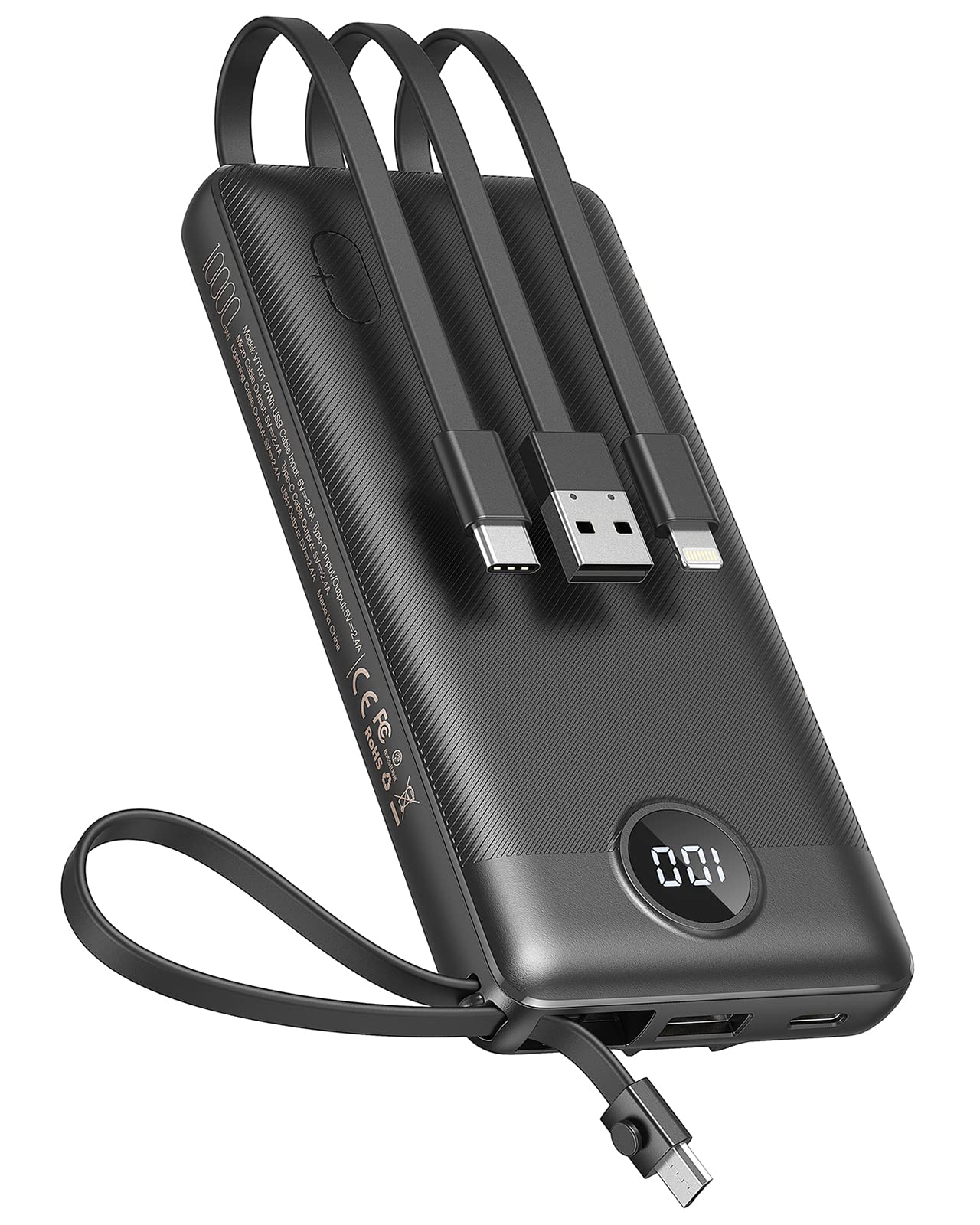 Batería Externa MOFIT 10000mAh Negra con Cables Integrados y Pantalla LED