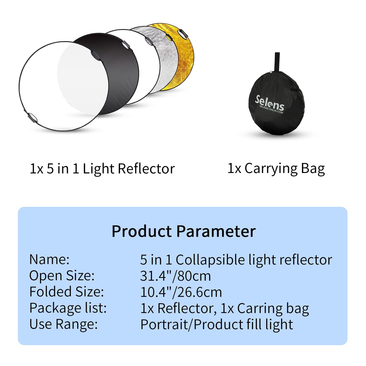 Selens 32 in (80cm) 5-in-1 Round Reflector with Handle for Photography Photo Studio Lighting & Outdoor Lighting