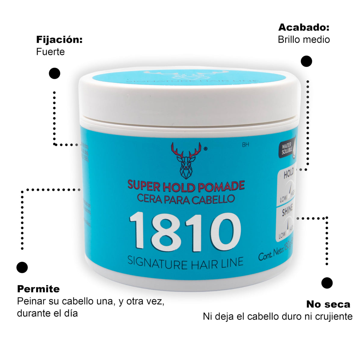 1810 Cera SUPER HOLD POMADE para cabello (Nueva Imagen) - FIJACIÓN ALTA - BRILLO MEDIO - Pomada para cabello Base Agua - Libre de Parabenos - Libre de Sulfatos - Cruelty Free - High Hold Medium Shine Pomade - Efecto Cera sin Residuos - 4.58 oz/130 gr