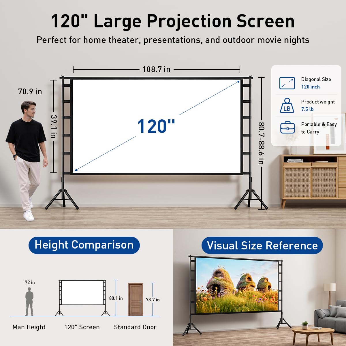 Pantalla de Proyector 120 Pulgadas Portátil 4K HD sin Arrugas para Interiores y Exteriores
