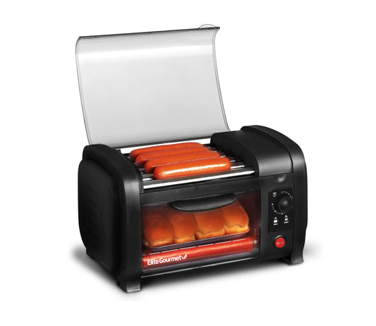 Elite Gourmet EHD-051B - Horno tostador para perros calientes, temporizador de 30 minutos, rodillos de calor de acero inoxidable, charola para hornear y migas, béisbol de la serie mundial, capacidad