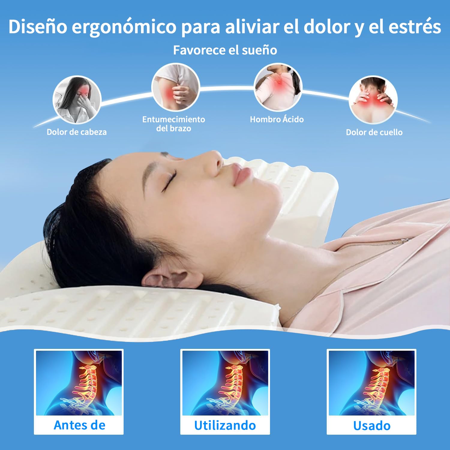 BNFU Almohada Memory Foam Cervical Almohada Ortopédica Ergonómica para Dormir 2 en 1 para Dormir Boca Arriba y de Lado 63x36x11.5 cm