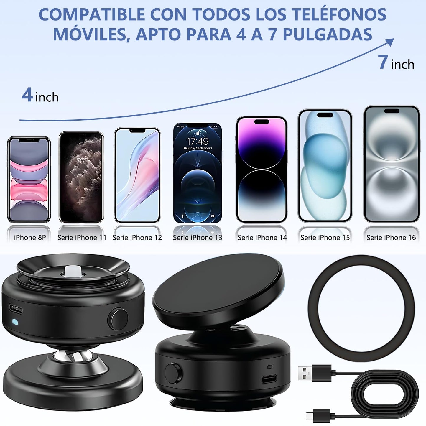Soporte Celular Automóvil Magnético,Sujetador de Celular para Auto Giratorio de 360°,Con Anillo Magnético y Ventosa,Compatible con Todos los Teléfonos Móviles,Adecuado para Parabrisas/Salpicaderos