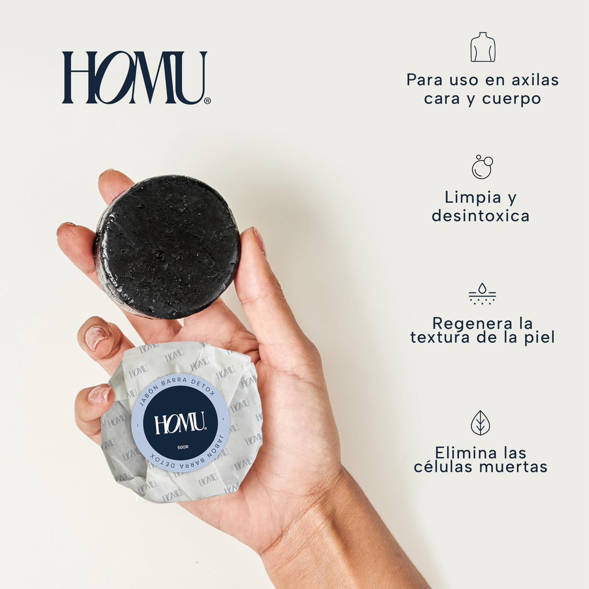 HoMu Jabón Barra Detox con Carbón Activado 50g (Pack 3) – Control de olor para Axilas, Limpieza Profunda de Poros, Para Todo Tipo de Piel, Cuerpo y Rostro