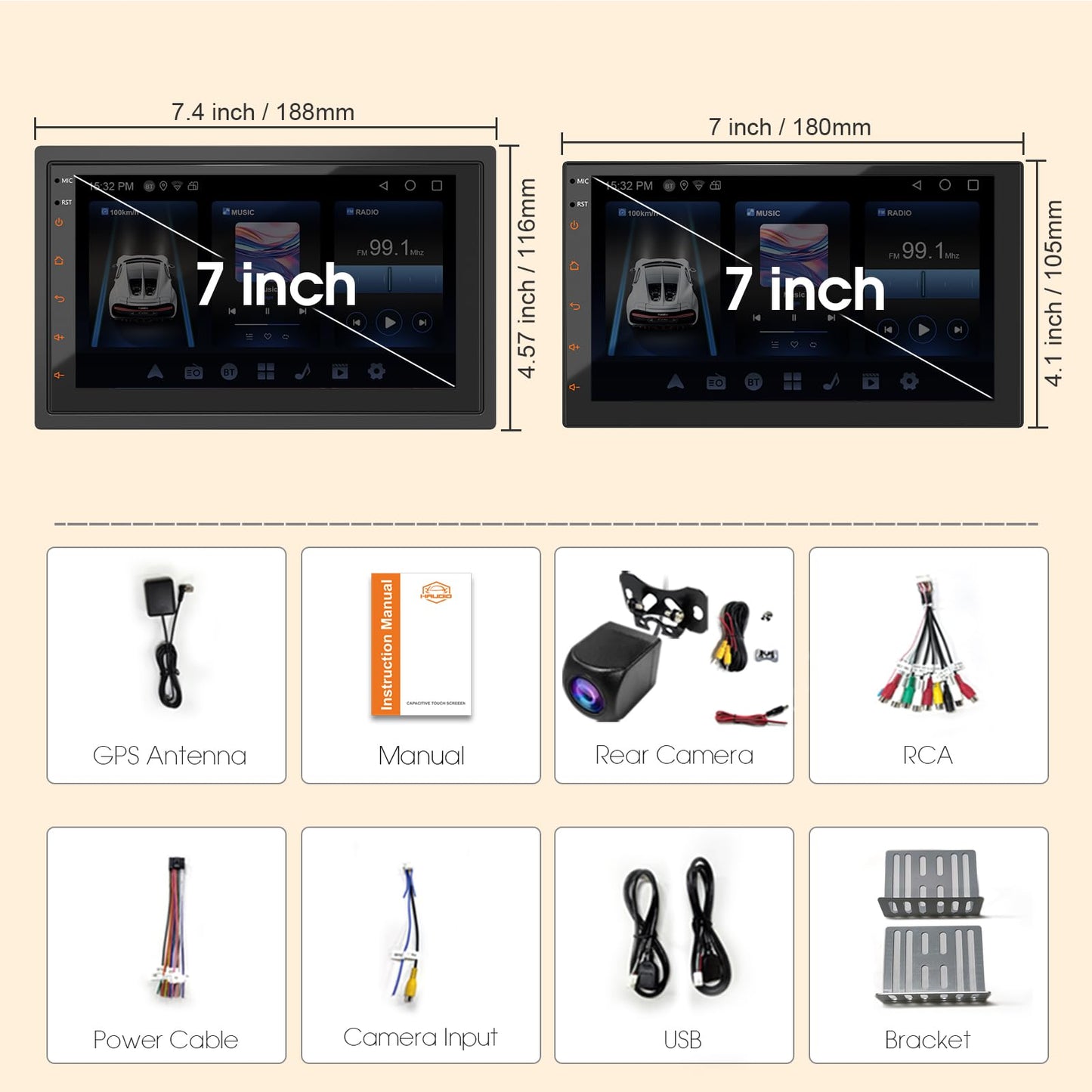 Haudio Estéreo de coche doble din, visualización táctil HD de 7 pulgadas con Apple Carplay y Android Auto, enlace espejo, Bluetooth 5.4, SWC, subwoofer, 5.1 CHN, cámara de respaldo, 2+64 GB, receptor
