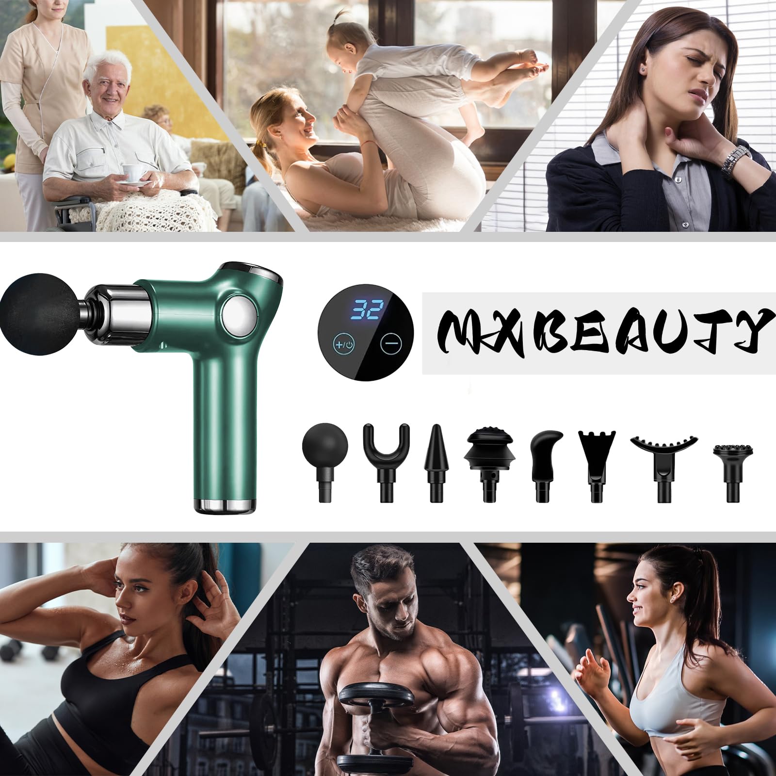 Pistola de Masaje Handheld,Mini Massage Gun Masajeador Muscular Eléctrico,con 8 Cabezales y 32 Niveles Ajustables,Máquina de Masaje Espalda Recargable,Súper Silencioso y con Pantalla Lcd,Verde