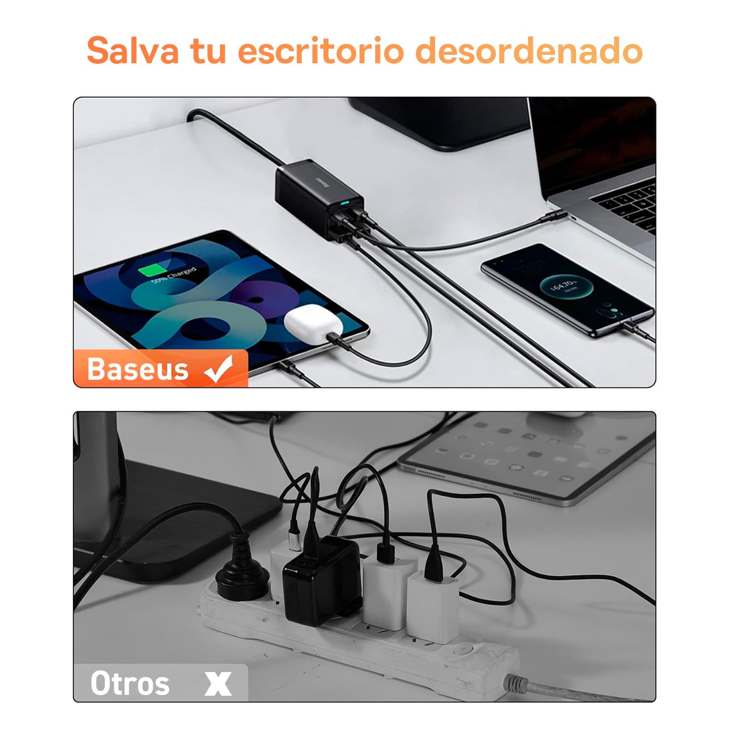 Baseus Cargador USB C,100W GaN3 Pro Cargador Multipuertos,de Escritorio con 2 entradas USB+2 Tipo C de Carga rápida 100W Compatible con MacBook Pro iPhone 15, Galaxy S24, iPad Pro, Notebook, Tablet