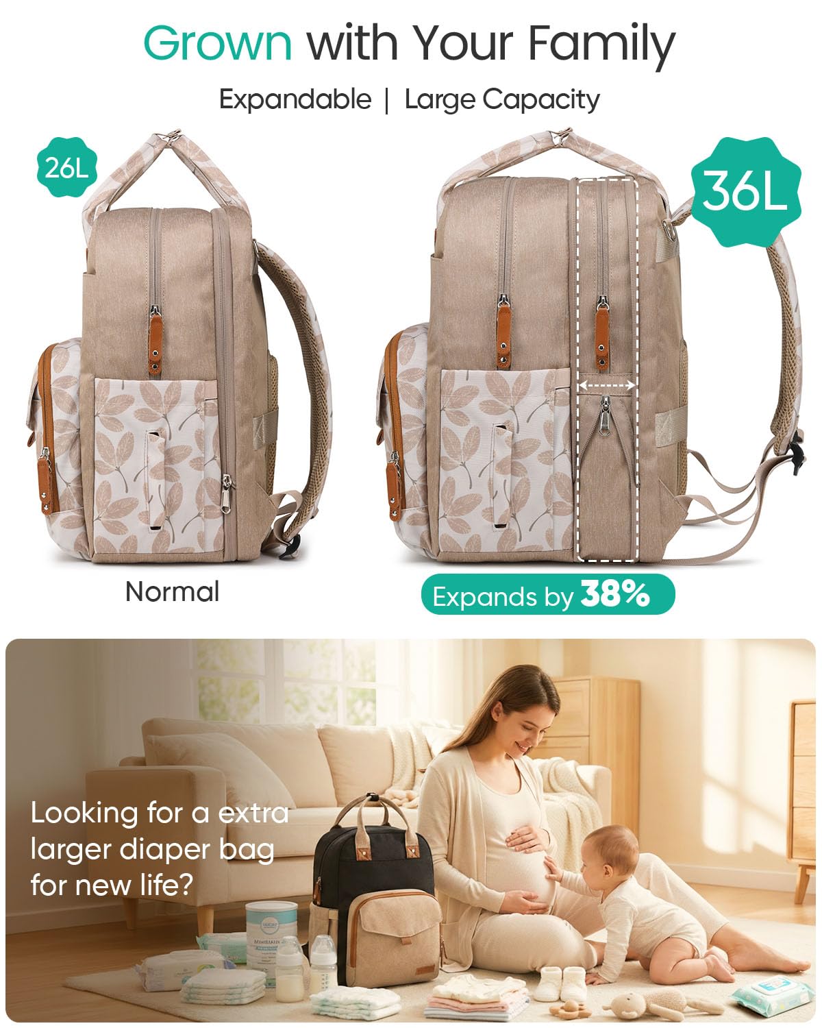 Qualyphant Mochila para pañales extragrande para dos niños, expandible, de 35 l, para mamá, niña, niño, papá, niño pequeño, bolsa grande para pañales de viaje, 21 bolsillos (4 aisl Hoja de color caqu