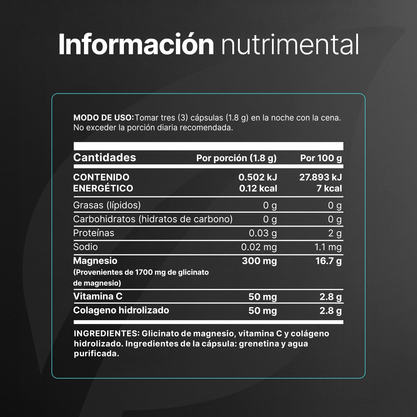 Glicinato de Magnesio de 400 Cápsulas 1800 mg por porción. Alta absorción. Ingredientes Naturales. Glycinate Mag B Life.