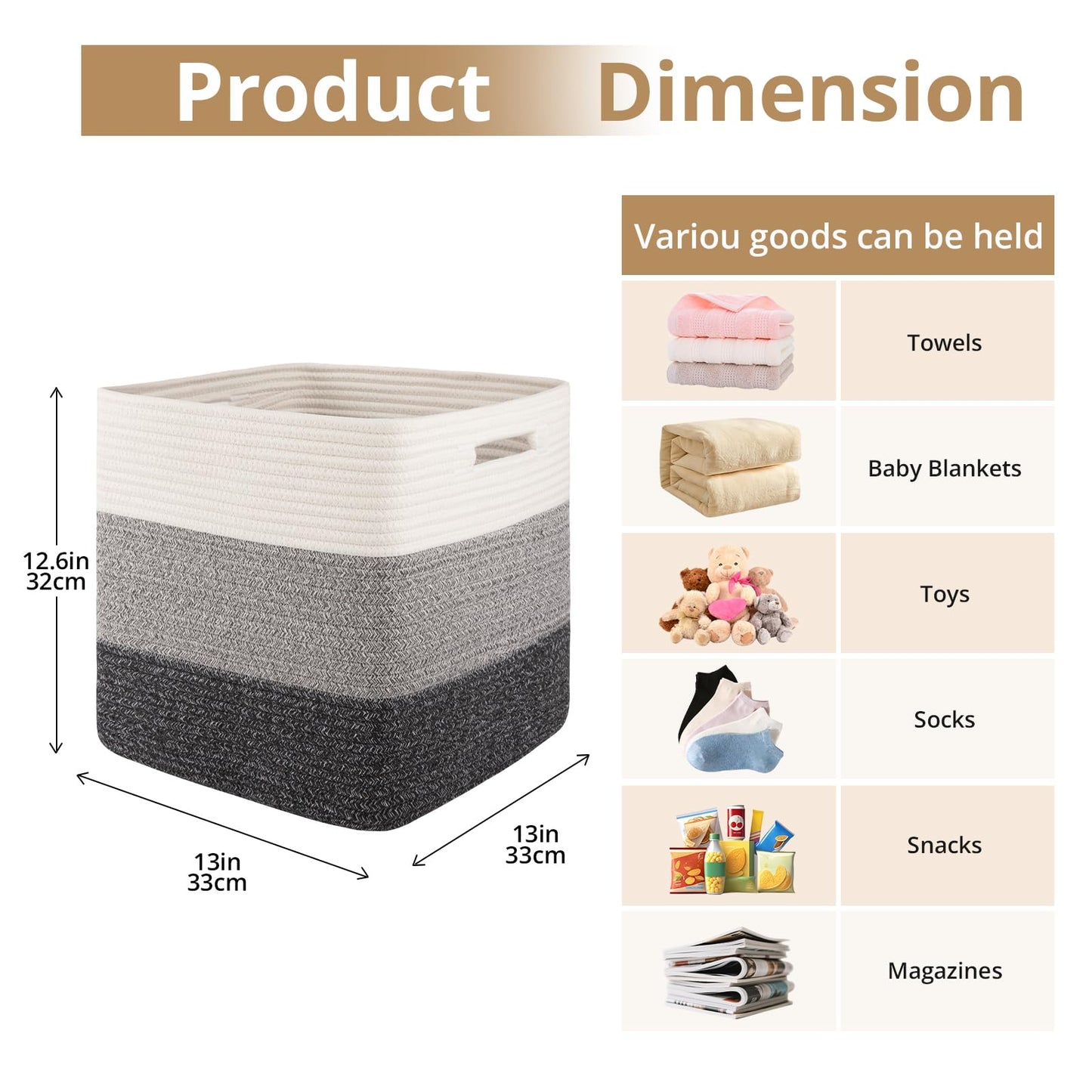OIAHOMY - Cestas tejidas de cuerda de algodón para organizar 3 unidades de 13 x 13 x 12.6 pulgadas, cestas rectangulares de almacenamiento para ropa, cestas de almacenamiento para niños, sala de