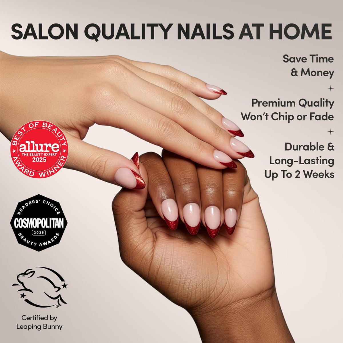 Glamnetic Uñas Postizas - Red Affair | Uñas Cortas Almendradas Rojas Con Purpurina Y Punta Francesa Con Acabado Brillante | 15 Tamaños - Kit De 30 Uñas Con Pegamento