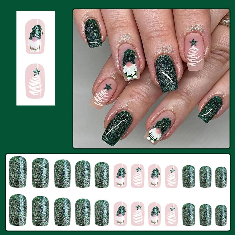 Uñas postizas navideñas de tamaño mediano, cuadradas, con purpurina verde, diseño de ataúd, con diseños de enanos de Papá Noel, cobertura total, uñas acrílicas postizas brillantes para mujeres y