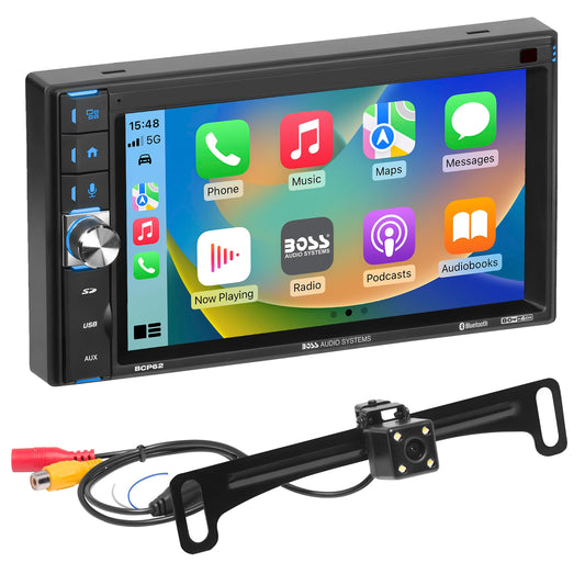 BOSS Audio Systems BCP62-RC Apple CarPlay Reproductor multimedia para coche – Doble Din, pantalla táctil capacitiva de 6,2 pulgadas, Bluetooth, USB, sin DVD, iluminación multicolor, cámara de respaldo incluida