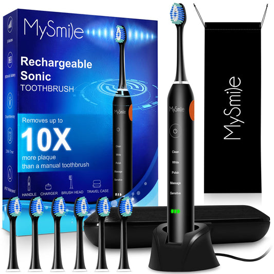 Cepillo de Dientes Eléctrico MySmile Adultos Blanco Recargable con Temporizador Inteligente y 6 Cabezas Intercambiables