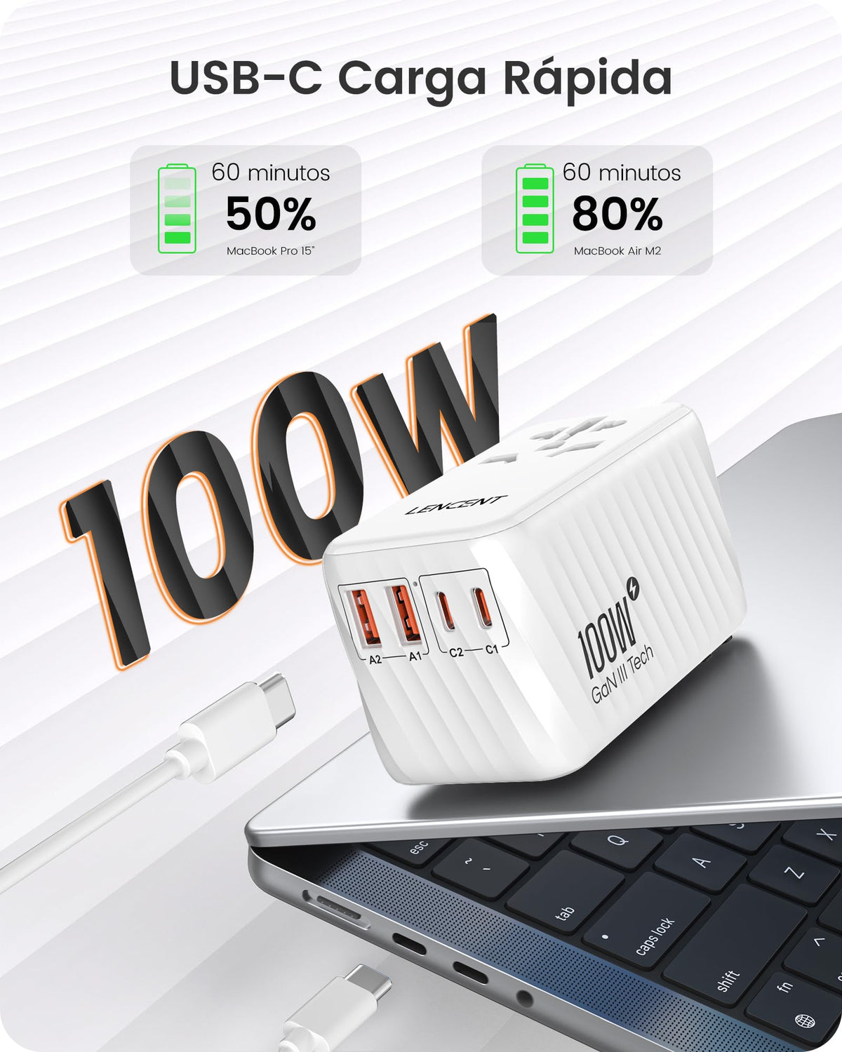 Adaptador de Viaje Internacional LENCENT 100 W Cargador Universal