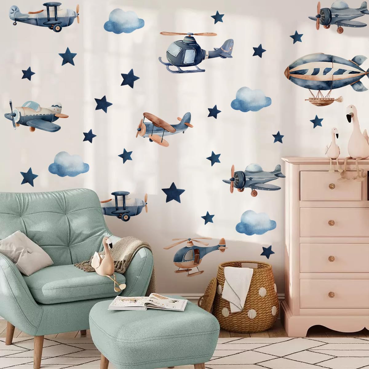 Calcomanías de pared de aviones, calcomanías de pared para habitación de niños, helicópteros, lanchas de avión, nubes, decoración mural de estrellas, calcomanía extraíble para habitación de niños