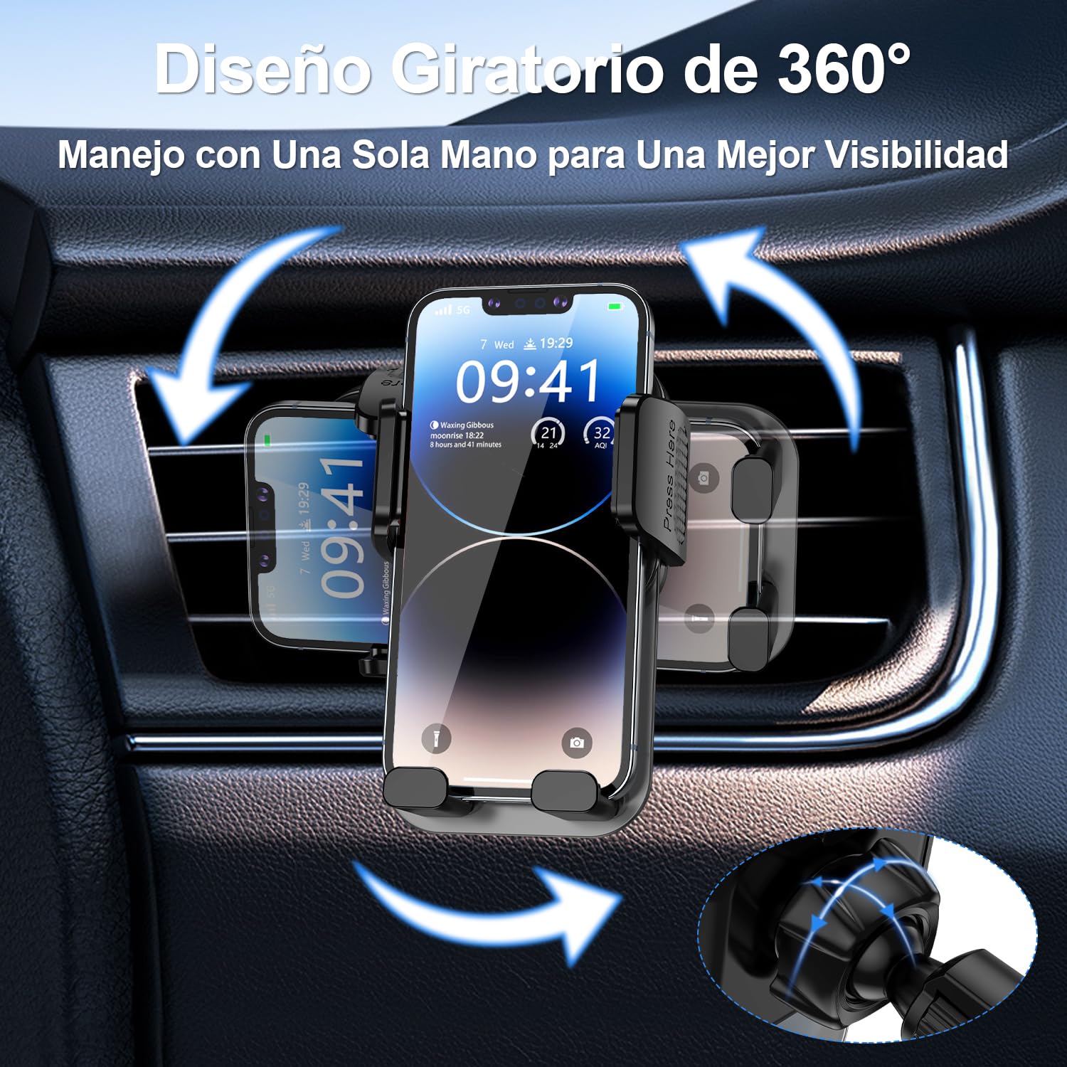 Soporte para Celular Miortior Negro con Rotación de 360° para Automóvil
