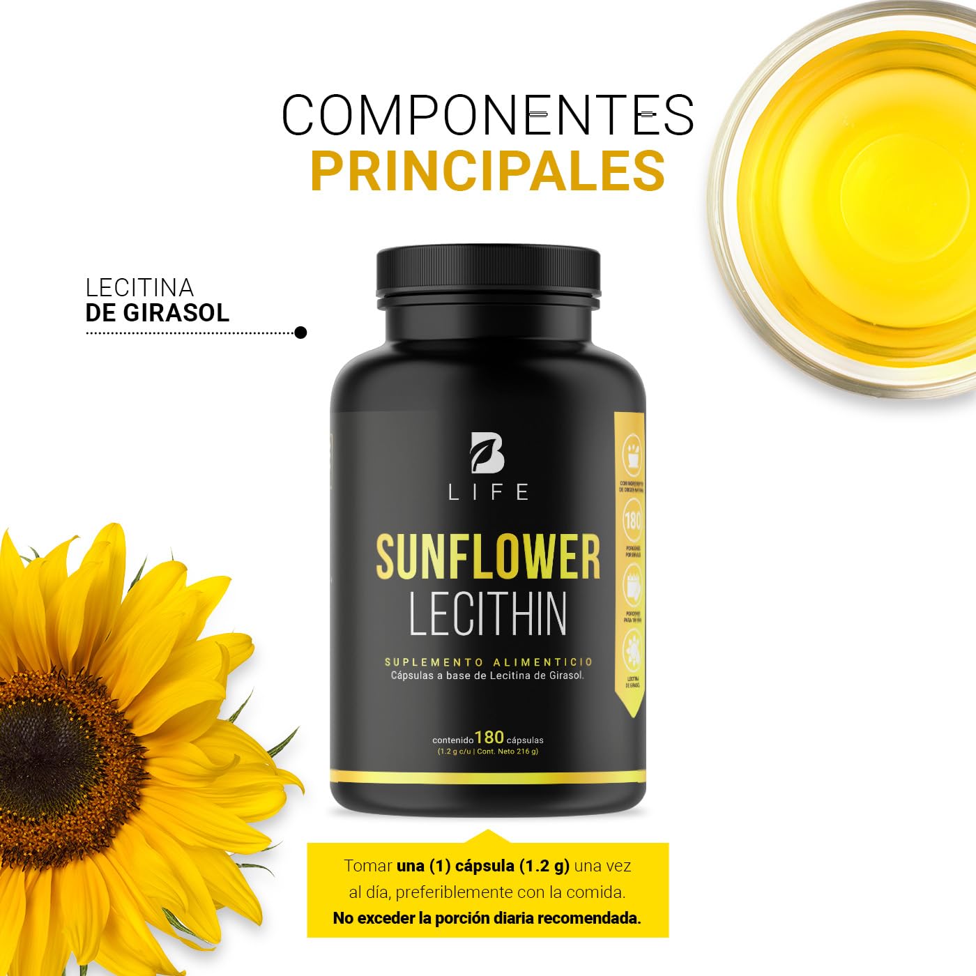 Lecitina de Girasol 180 Cápsulas Blandas 1200 mg. Ingredientes naturales. Sunflower Lecithin B Life.