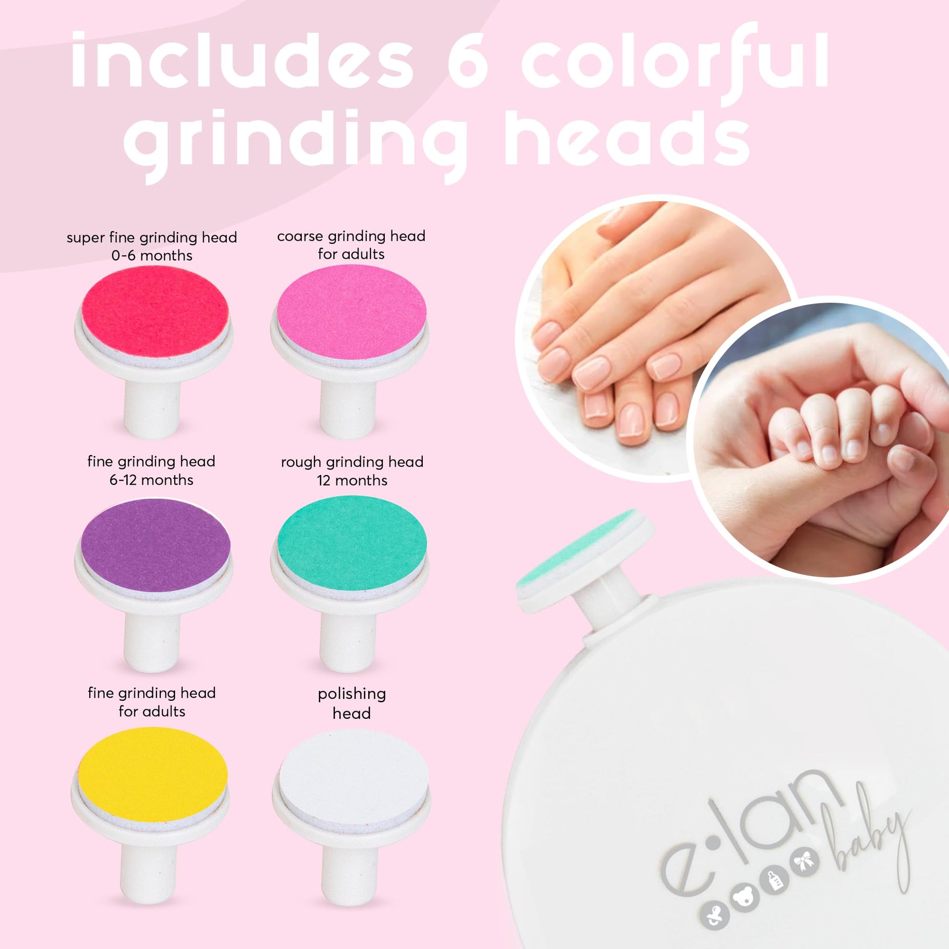 Elan Baby Cortauñas eléctrico, lima de uñas para bebés, segura y fácil de usar para recién nacidos, bebés y niños pequeños, 6 cabezales de pulido, cuidado suave de las uñas.