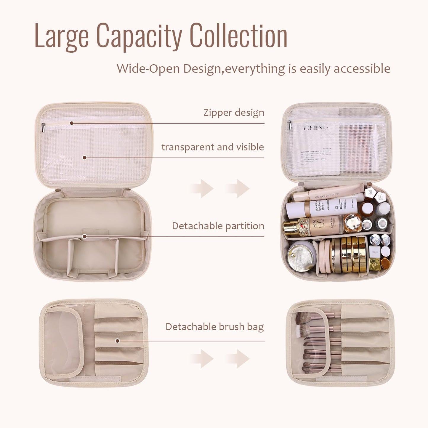 Sertin - Bolsa de maquillaje de alta calidad para mujer, organizador de bolsas de cosméticos de viaje de gran capacidad con múltiples compartimentos, bolsa de aseo resistente al agua para uso diario y