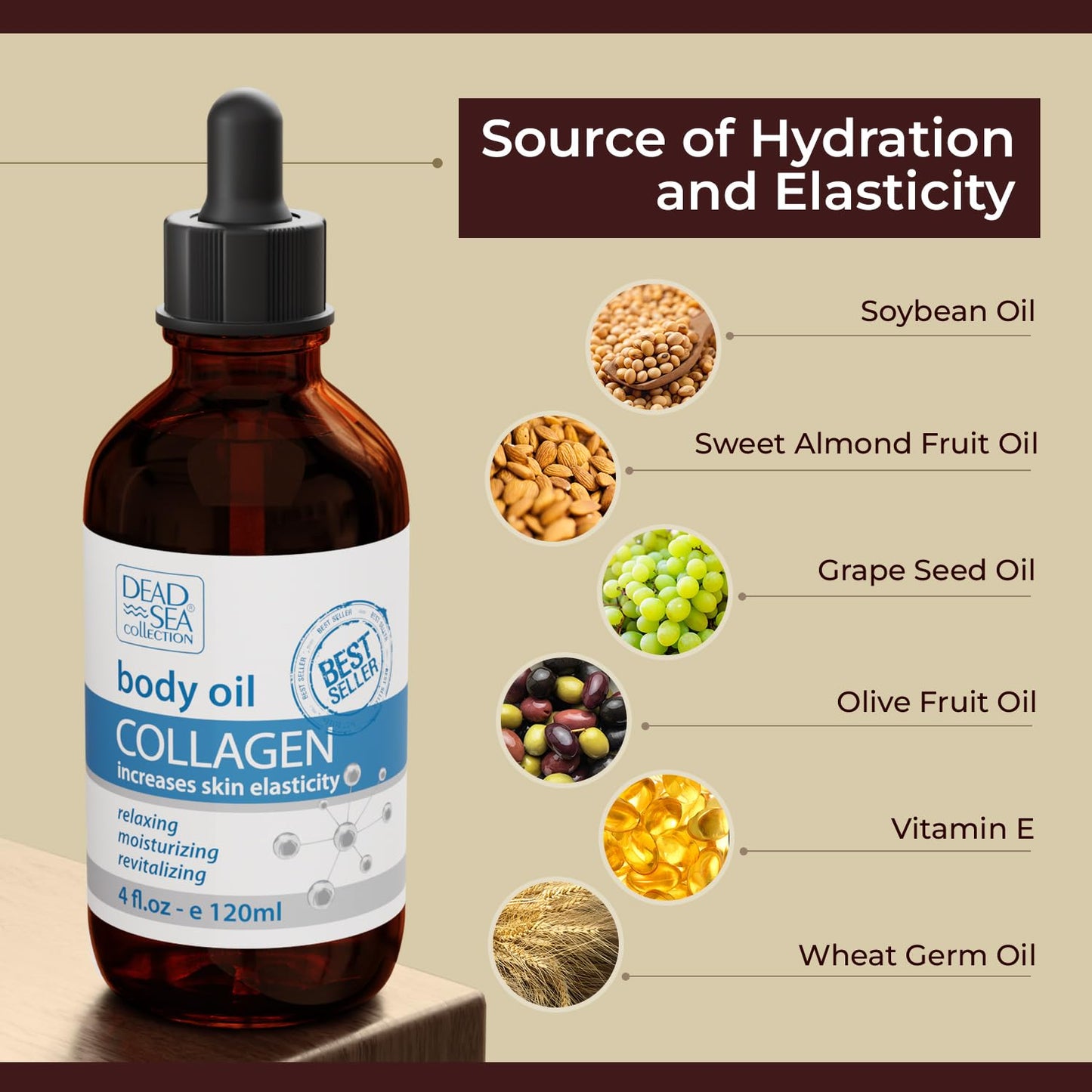 Dead Sea Collection Aceite corporal con colágeno – Hidratante para piel seca y aceite de masaje hidratante – Aceite de baño nutritivo – Aumenta la elasticidad de la piel y proporciona apoyo antienvejecimiento (4 fl.oz)