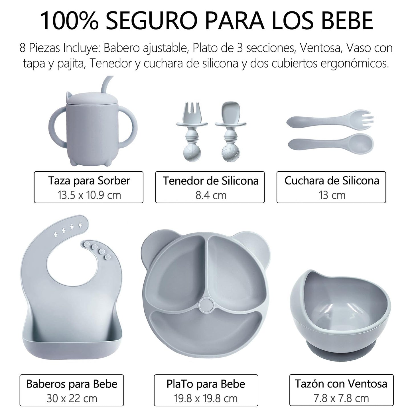 ALIYU Platos para Bebe Silicon 8PCS, Kit Alimentación Complementaria Bebe, Plato para bebe con ventosa, Baberos de silicona para bebe, Sin BPA, Fácil de limpiar, Vajilla bebe silicona (Gris)