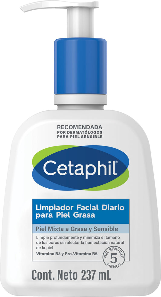 CETAPHIL Limpiador Facial Diario Para Piel Grasa 1 pz 237 ml Limpia Profundamente Recomendada por Dermatólogos para Piel Sensible