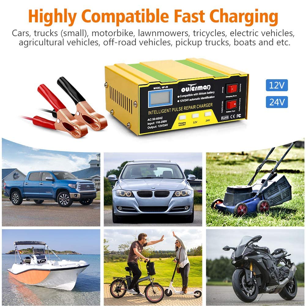 Outerman - Cargador de batería de coche de 12 V - 24 V, cargador de batería automático para coche, barco, motocicleta, podadora, batería de plomo ácido o batería de litio. Capacidad: 6AH~105AH