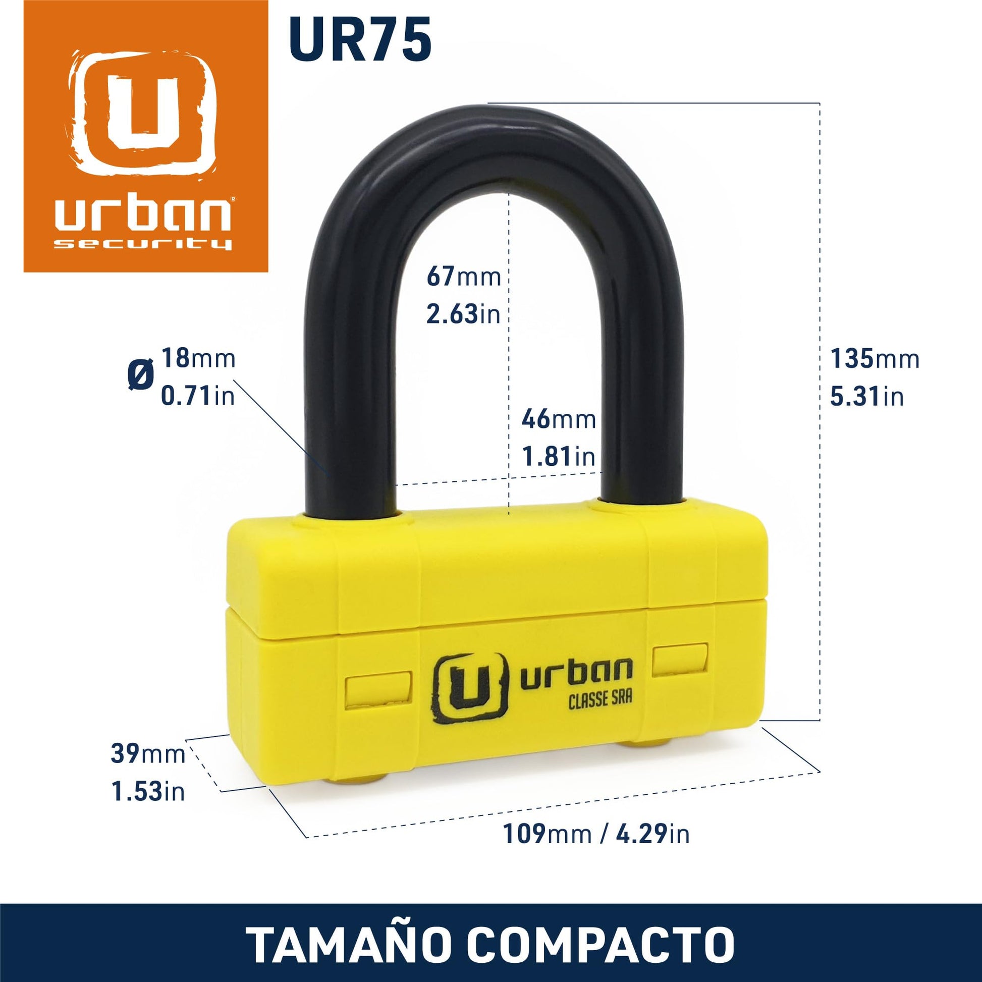 urban UR74120 Candado Cadena Antirrobo Moto Alta Seguridad Homologado Classe SRA, Mini U Bloqueo Disco + Cadena ø13.5, 120 cm, Amarillo