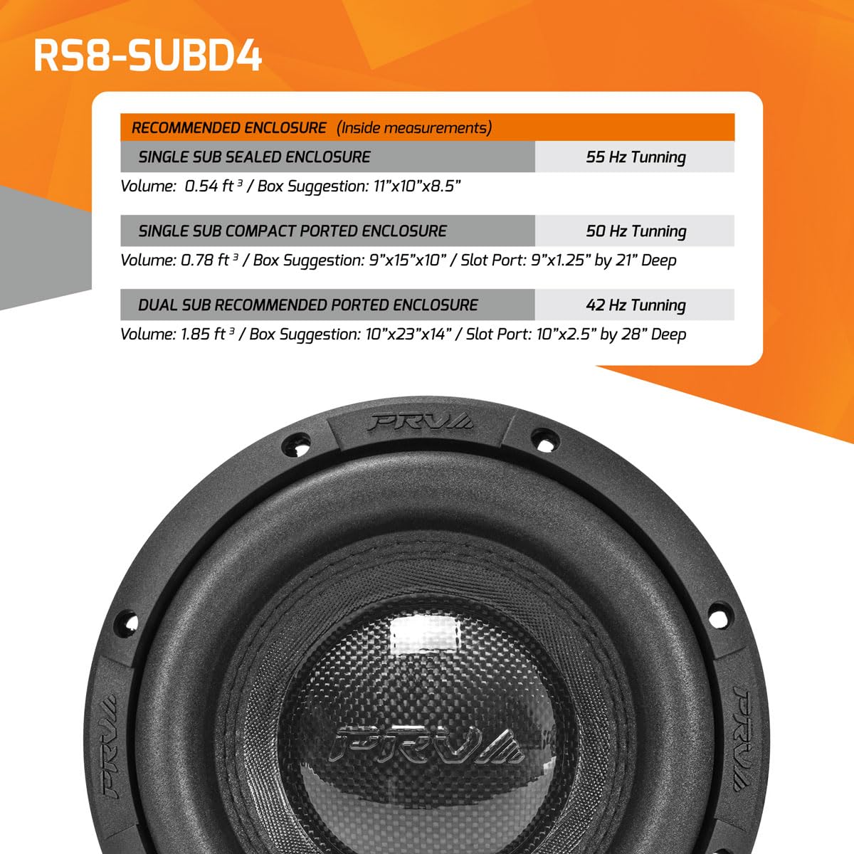 PRV AUDIO Sub D4 de 8 pulgadas de potencia máxima de 1000 vatios dual de 4 ohmios, 14.5 mm Xmax, RS8-SUBD4, bobina de voz de 2.4 pulgadas, subwoofer de coche de 8 pulgadas de tonos bajos profundos