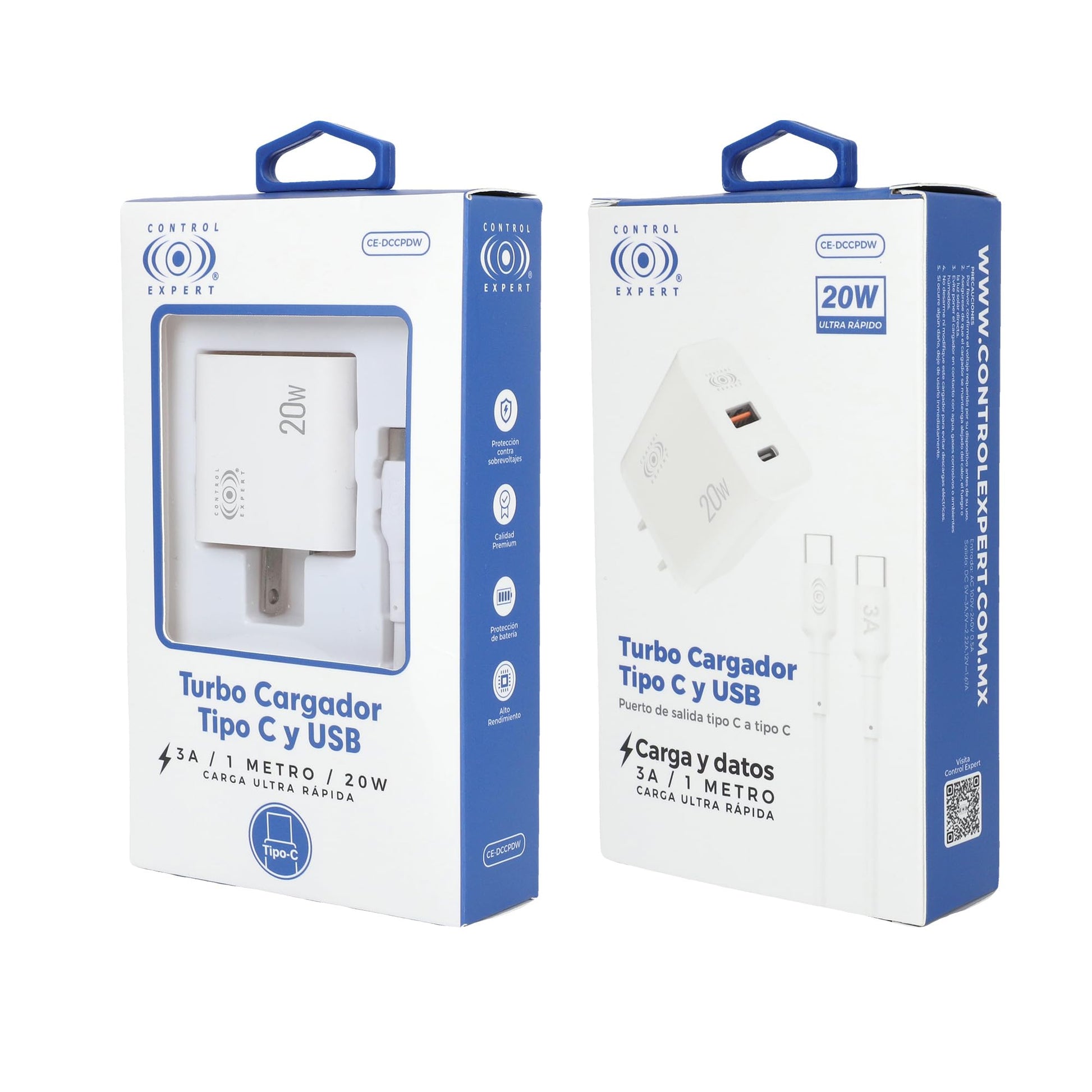 CONTROL EXPERT Turbo Cargador Tipo C y USB 2 Puertos 20W Cable 1 Metro 3A Cargador de Pared PD Cargador USB C con 2 Puertos (Blanco)