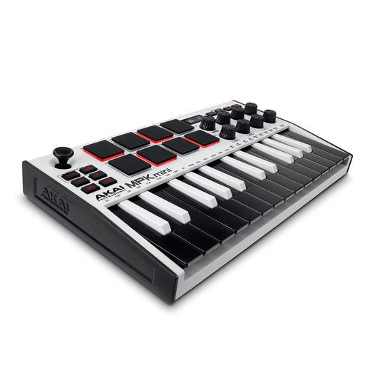 Akai Professional MPK Mini MK3 - Teclado Controlador MIDI USB de 25 Teclas con 8 Drum Pads, 8 Perillas, Software de Producción Musical y Native Instruments Sound Package (NKS Integration), Blanco