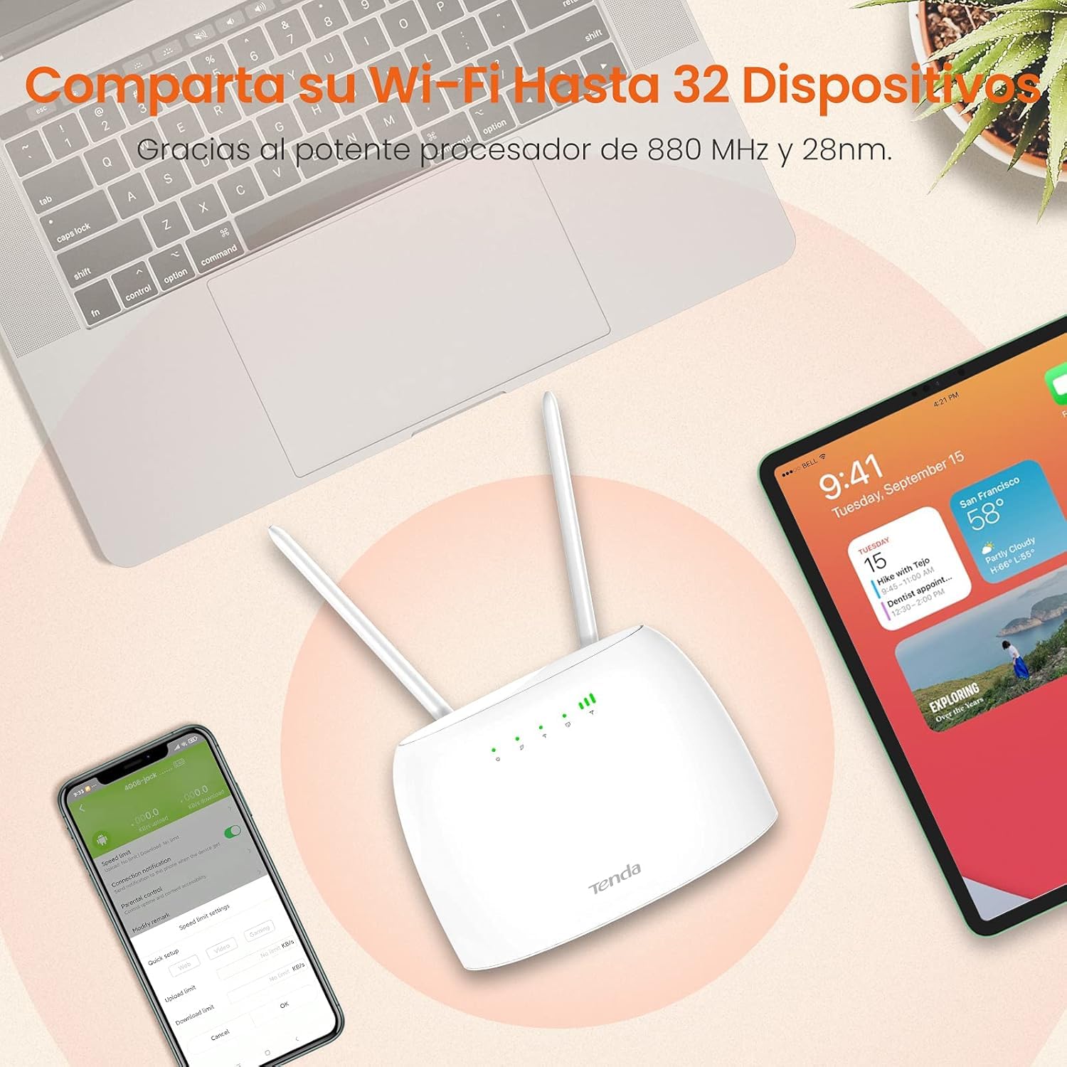 Tenda 4G06 300 Mbps 4G Volte Router Movil Wi-Fi, Ranura para SIM, No Requiere Configuración, Puertos RJ11, Servicio de Voz, 2 Antenas Desmontables, Monitoreo de Tráfico de Datos