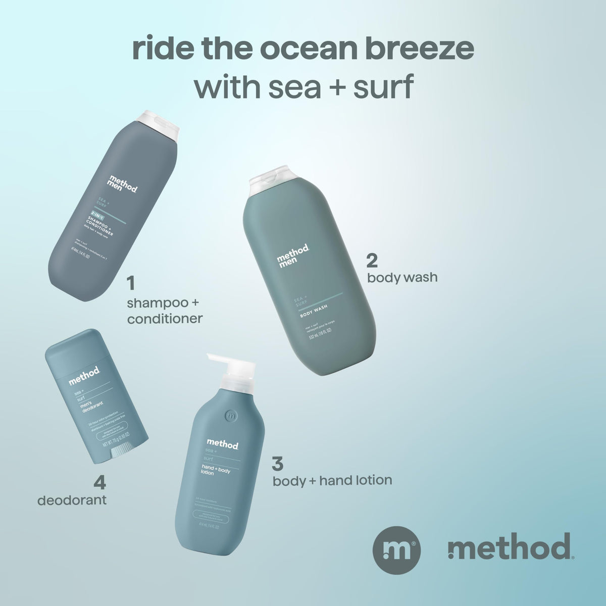 Method Champú 2 en 1 para hombre + acondicionador, mar + surf, 14 oz.