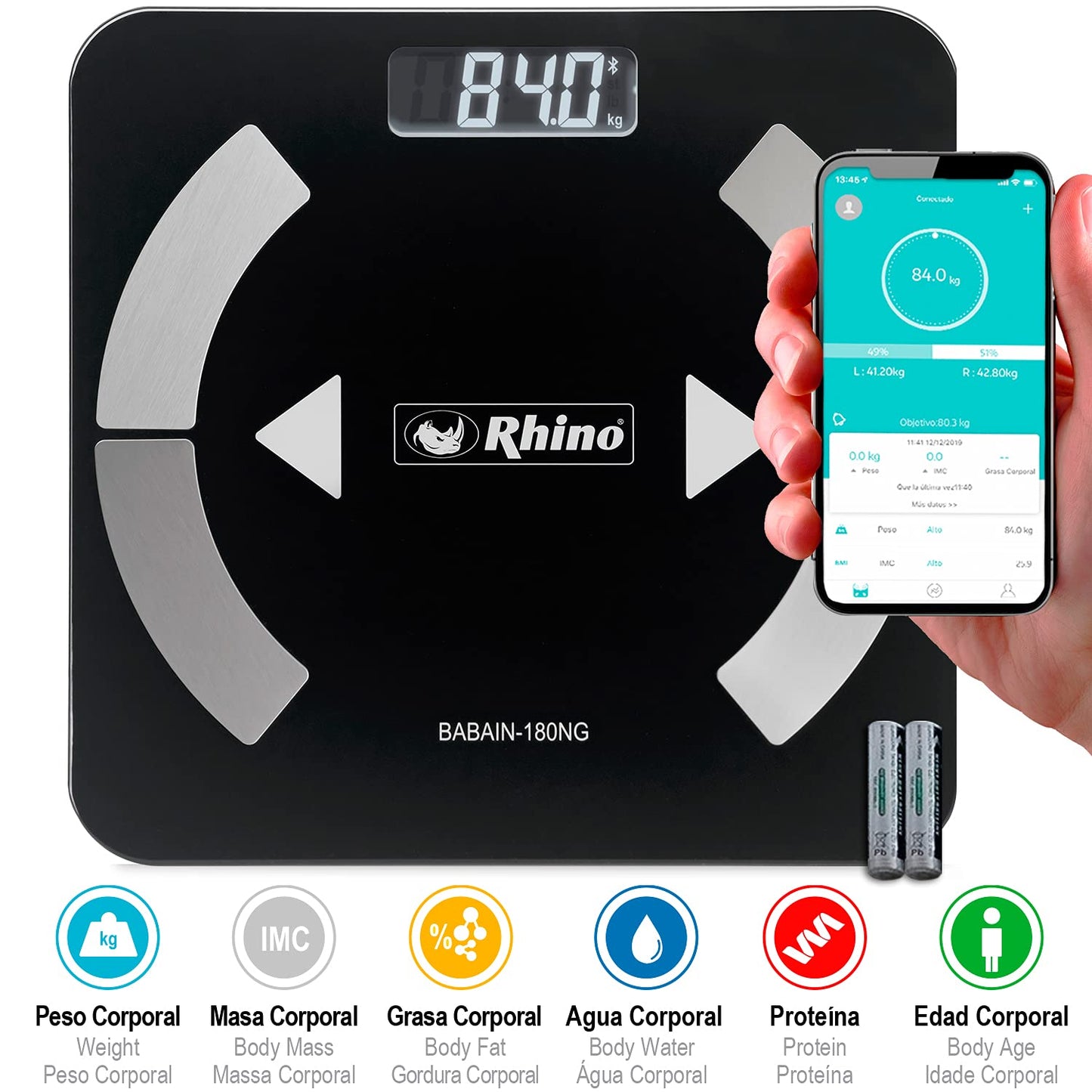 RHINO, Báscula Digital Corporal, Capacidad 180 kg/100g. Precisión, Conectividad Bluethooth, APP FITDAYS Gratis, Compatible iOS y Android, Baterías Incluidas, BABAIN-180NG
